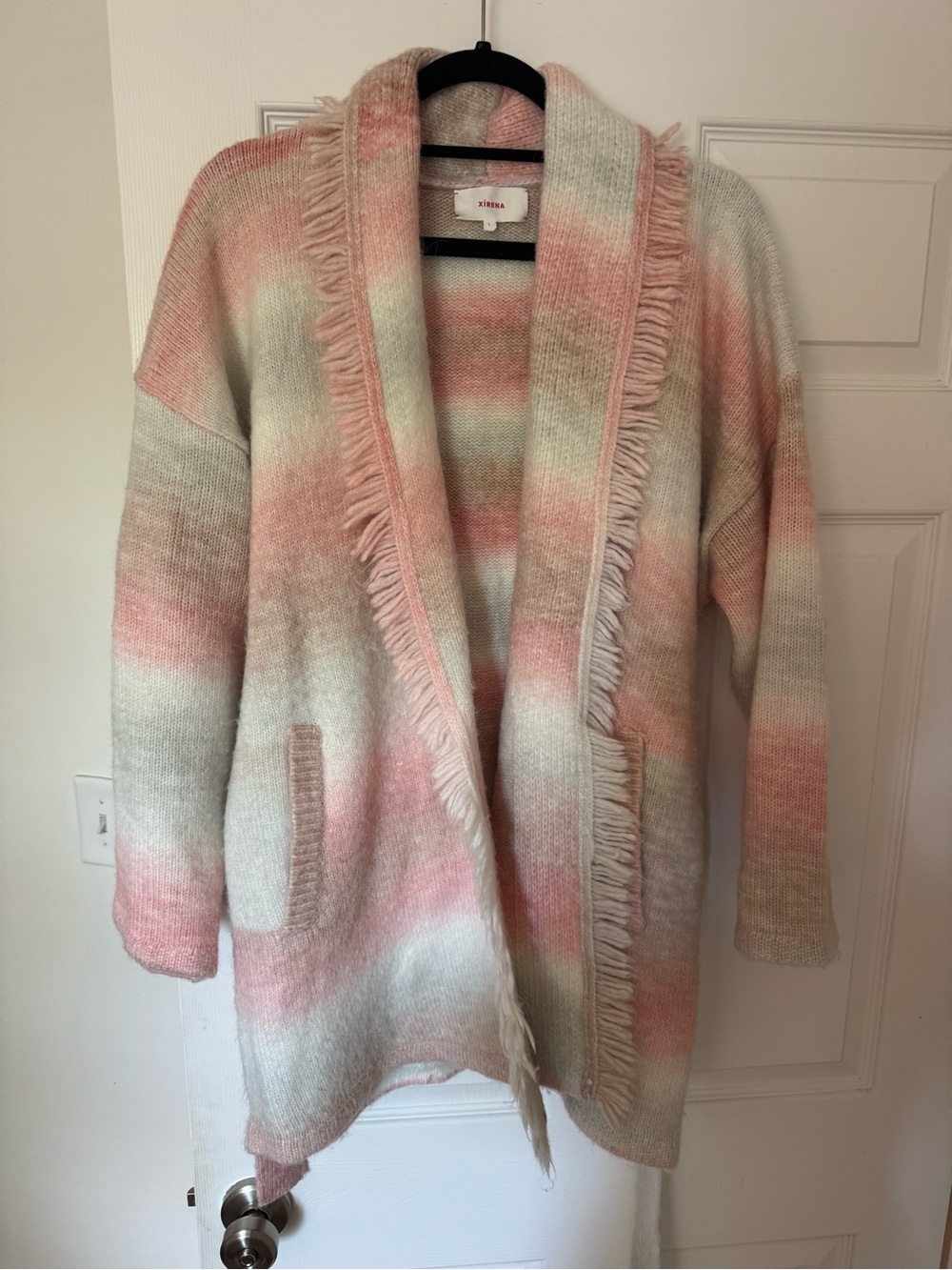 XiRENA Pink & Cream Fringe Open Cardigan